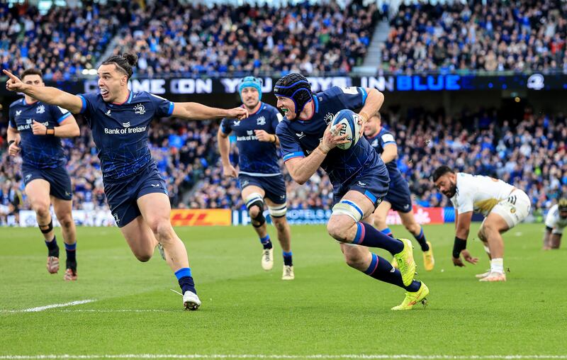 Leinster’s Ryan Baird on his way to scoring a try at the Champions Cup quarter-final against La Rochelle on Saturday. Photograph: Dan Sheridan/Inpho