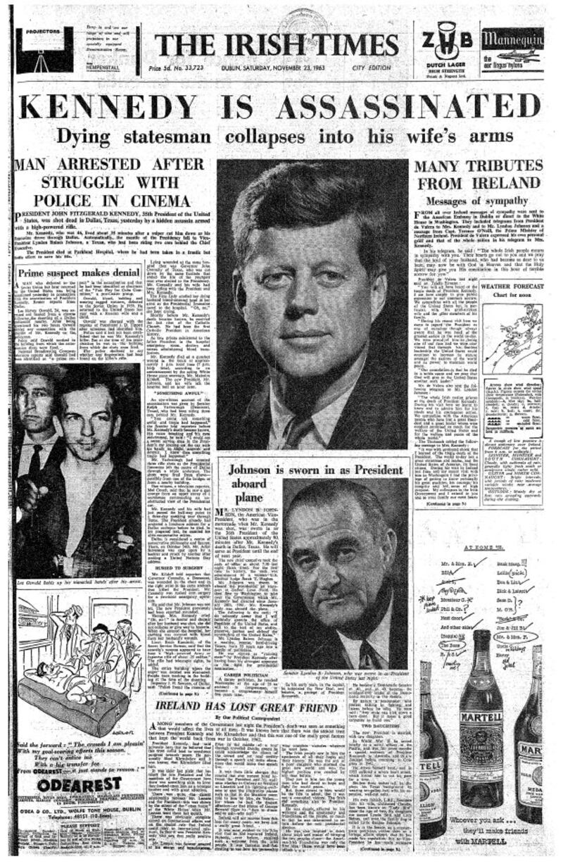 The Irish Times front page the day after John F Kennedy was shot dead