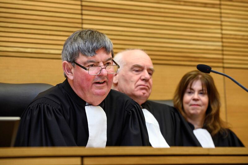 George Birmingham with fellow justices Patrick McCarthy and Una Ní Raifeartaigh at Birmingham's last sitting at Cork court. Photograph: Daragh Mc Sweeney/Provision
