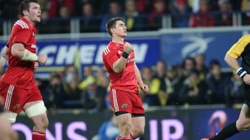 Munster’s Ian Keatley kicks the  penalty to earn a losing bonus point during the European Champions Cup match against Clermont Auvergne at Stade Marcel-Michelin. Photograph: Billy Stickland/Inpho