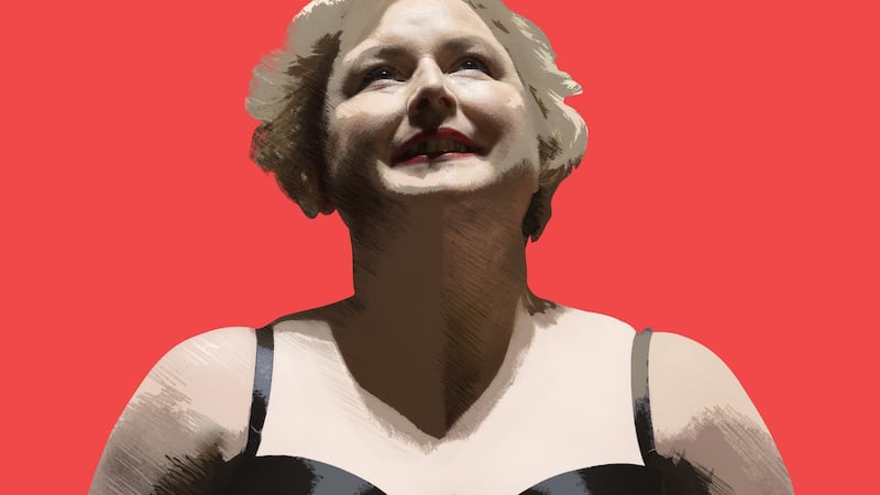 Siobhán McSweeney as Winnie in Happy Days by Samuel Beckett from the Olympia Theatre live on January 30th. Photograph: Patrick Redmond./ graphic design Gareth Jones