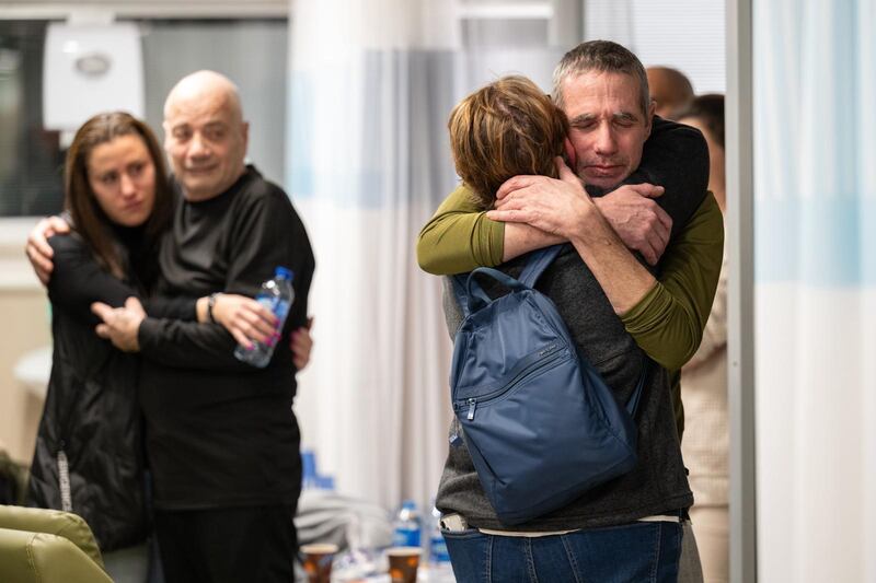 Rescued hostages Louis Hurr (70) and  Fernando Marman in Jerusalem on Monday. Photograph: Israeli Army/Anadolu via Getty Images