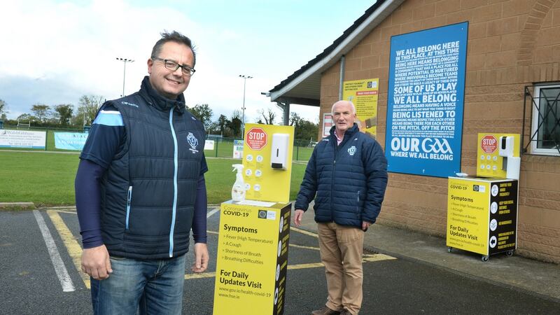 Keith Loughman, (left) and James Kelly, at St. Colmcille’s GAA club near Bettystown, Co. Meath. Photograph: Dara Mac Dónaill