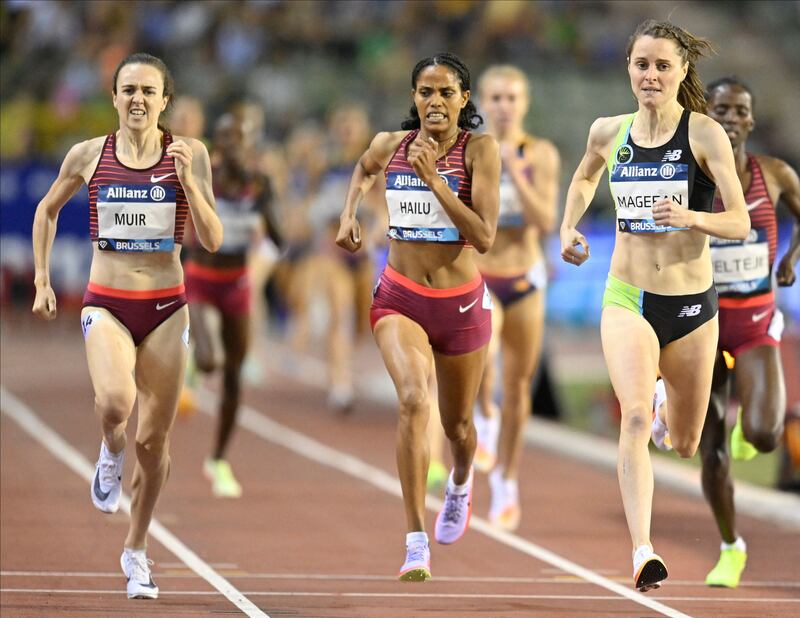 Ciara Mageean crosses the finish line to win ahead of Laura Muir. Photograph: Eric Lalmand/AFP via Getty Images
