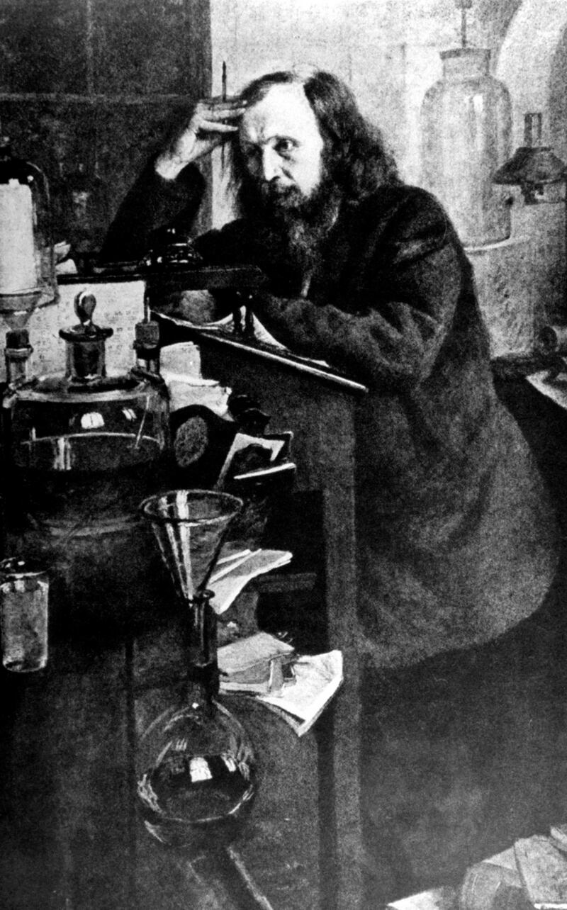 Unknown artist’s portrait of Dmitri Ivanovich Mendeleyev (1834-1907), the Russian chemist best known for his work on the periodic law, at work in his laboratory. Photograph: Time Life Pictures/Mansell/The LIFE Picture Collection/Getty Images