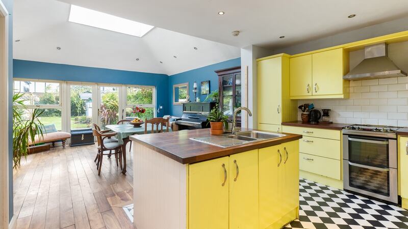 Colourful kitchen/dining/livingroom