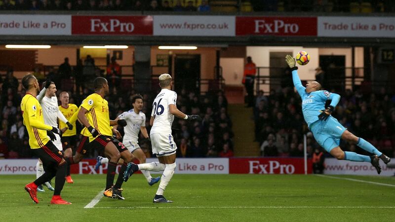 Leicester City’s Riyad Mahrez scores the opener at Vicarage Road. Photograph: PA