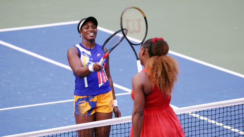 Serena Williams with Sloane Stephens after her third round US Open win. Photograph: Al Bello/Getty