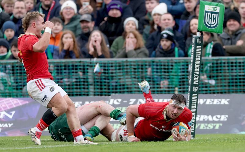 Munster's Tom Ahern scores a try in March's URC match against Connacht. Photograph: James Crombie/INPHO