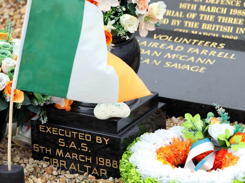 The memorial to IRA volunteers Mairead Farrell, Sean Savage and Danny McCann in the republican plot, Milltown Cemetery, Belfast.  The three were shot dead by the SAS in Gibraltar in 1988. Photograph: Stephen Davison
