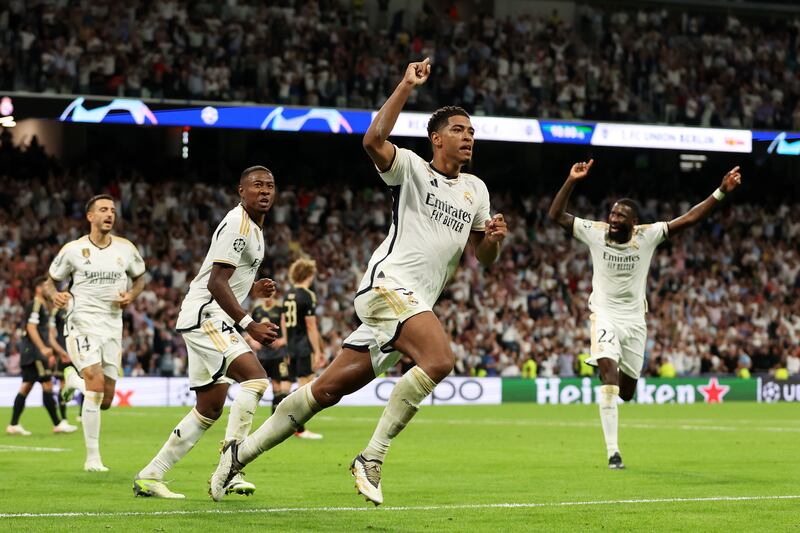 Jude Bellingham of Real Madrid celebrates after scoring the side's first goal during the UEFA Champions League match. Photograph: Florencia Tan Jun/Getty Images