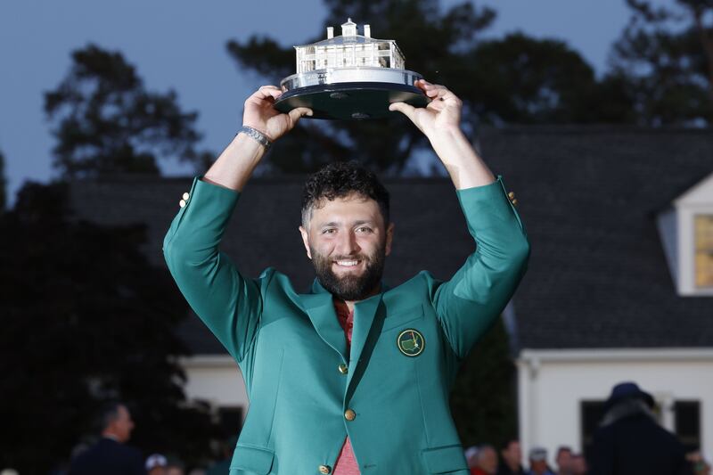 Jon Rahm of Spain holds up the Masters Trophy after his win at Augusta back in April. Photograph: John G Mabanglo/EPA