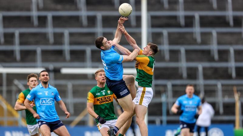 Dublin’s Brian Fenton competes in the air with Diarmuid O’Connor of Kerry. Photograph: Gary Carr/Inpho
