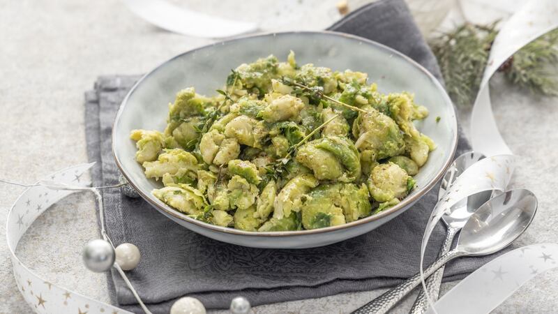 Crushed sprouts with nutmeg brown butter. Photograph: Harry Weir Photography