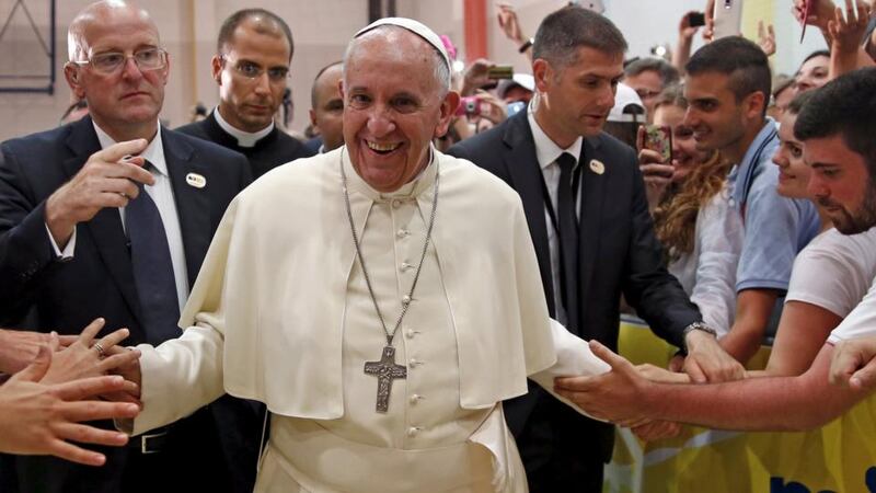 Pope Francis meets people in a youth centre dedicated to Pope John Paul II during his visit to Sarajevo at the weekend. Photograph: Dado Ruvic/Reuters