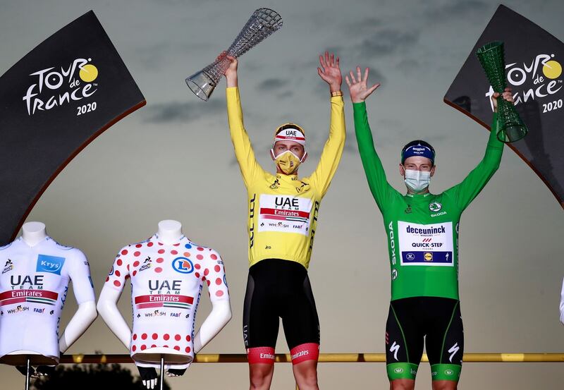 Yellow jersey winner Tadej Pogacar with green jersey winner Sam Bennett. Photograph: Christophe Petit-Tesson/EPA