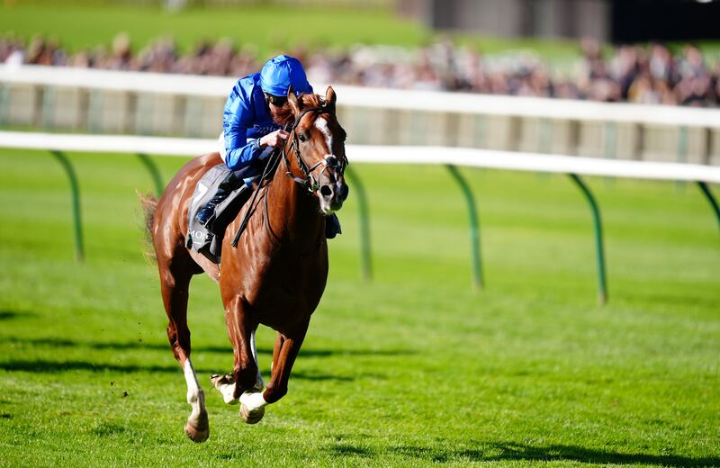 Shadow Of Light ridden by William Buick on their way to winning the the Juddmonte Middle Park Stakes at Newmarket. Photograph: Mike Egerton/PA Wire