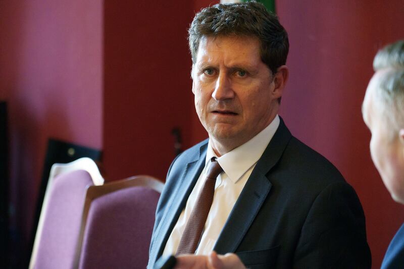 Eamon Ryan in Cavan's Courthouse with Cathaoirleach of Cavan County Council Cllr Philip Brady. Photograph: Barry Cronin