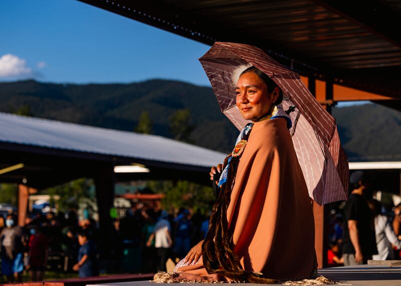 Dancer Silliye Pete wearing a dress she made and other items created by her parents and step-mother. Photograph: Tailyr Irvine/The New York Times