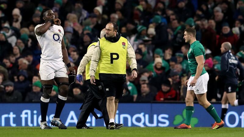 Maro Itoje limps off injured during England’s win over Ireland. Photograph: Brian Lawless/PA