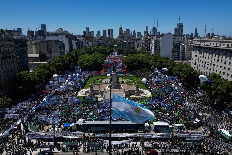 A demonstration against the policies of Argentina president Javier Milei outside the Argentine Congress on January 24th. Photograph:  Luis Robayo/AFP via Getty Images