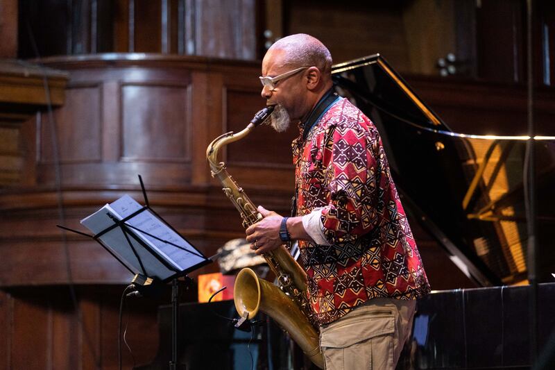Sultan Stevenson Trio with special guest Denys Baptiste performing in the Triskel Arts Centre.  Photograph: Darragh Kane