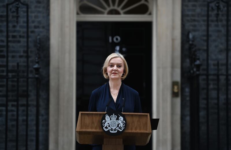 British prime minister Liz Truss delivers her resignation statement outside 10 Downing Street in London on Thursday. Photograph: Andy Rain
