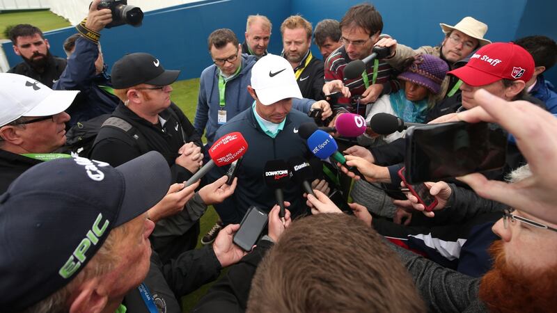 McIlroy talks to the media after failing to make the cut. Photo: Matt Mackey/Inpho