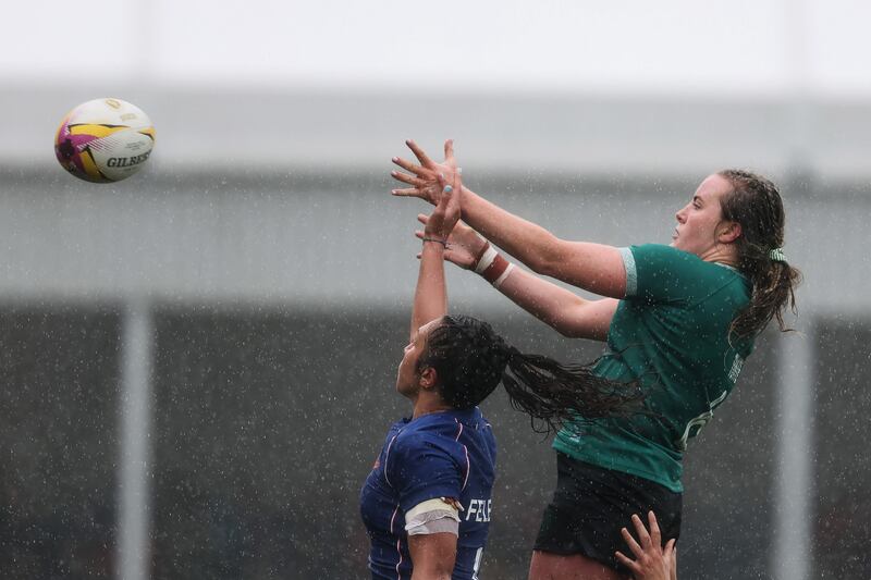 Ireland's Fiona Tuite contests the ball in a lineout against France's Manae Feleu. Photograph: Dan Sheridan/Inpho