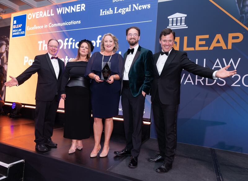 Richard Hammond, solicitor and partner at Hammond Good LLP and chair of the judging panel of the Leap Irish Law Awards; Ramona Quinn, chief parliamentary legal adviser; Mellissa English, assistant secretary chief parliamentary legal adviser; Connor Beaton, editor of Irish Legal News & Anton Savage, MC of the night. Photograph: Paul Sherwood
