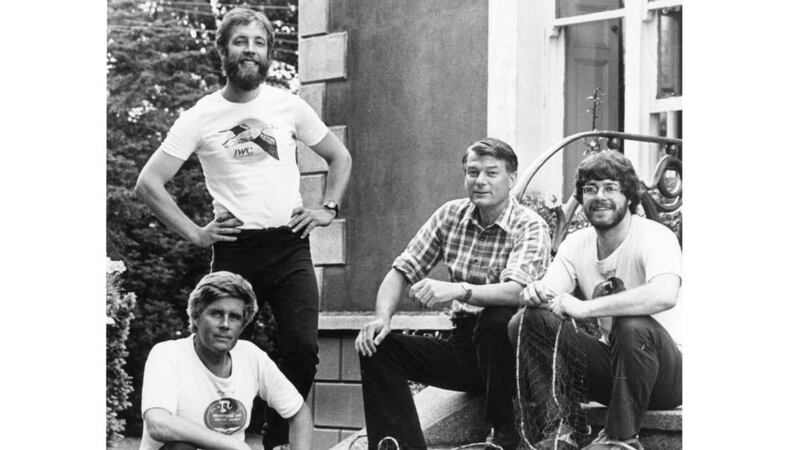 Michael Viney (second from right) and naturalists David Cabot, Richard Nairn and Steve Newton prepare for a trip to Greenland to study the barnacle goose in 1984. Photograph: Jack McManus