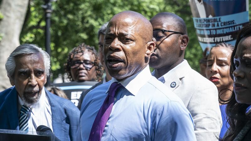 Mayoral candidate Eric Adams holding  a rally with supporters and elected officials at City Hall Park, New York. Photograph:  Getty Images