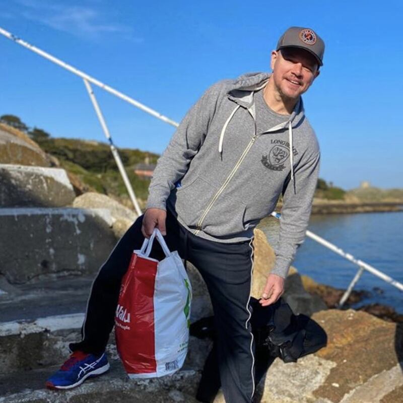 Matt Damon after a swim in Dalkey in 2020 with his Supervalu shopping bag. Photograph: Twitter