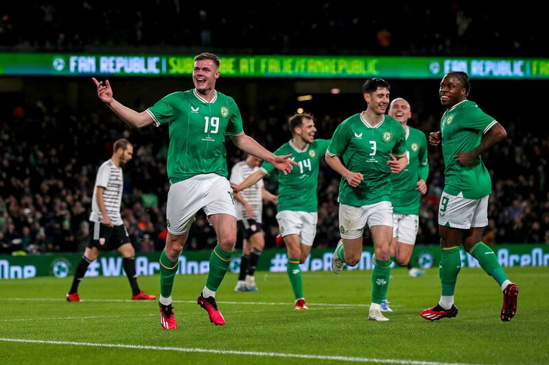 Ireland's Evan Ferguson celebrates scoring against Latvia at the Aviva Stadium. Photograph: Ryan Byrne/Inpho