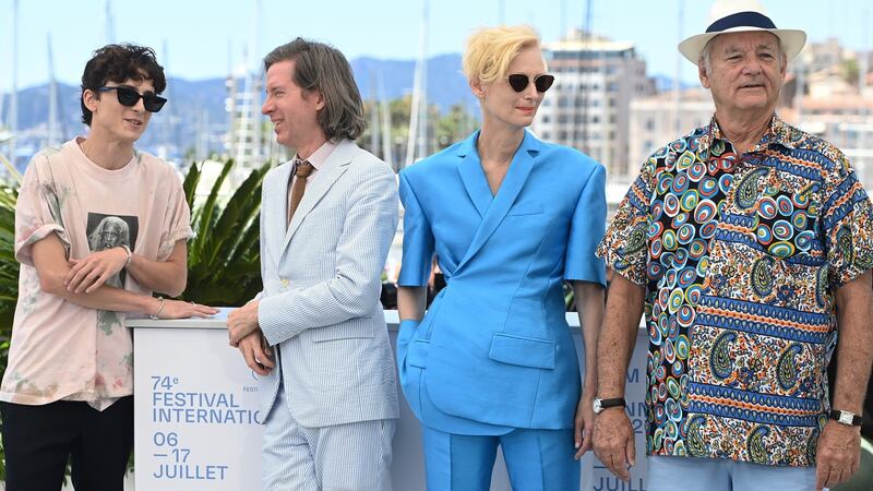 Timothée Chalamet, Wes Anderson, Tilda Swinton and Bill Murray at the The French Dispatch photocall. Photograph: Kate Green/Getty CANNES, FRANCE - JULY 13: (L-R) TimothÃ©e Chalamet, Wes Anderson, Tilda Swinton and Bill Murray attend the "The French Dispatch" photocall during the 74th annual Cannes Film Festival on July 13, 2021 in Cannes, France. (Photo by Kate Green/Getty Images)