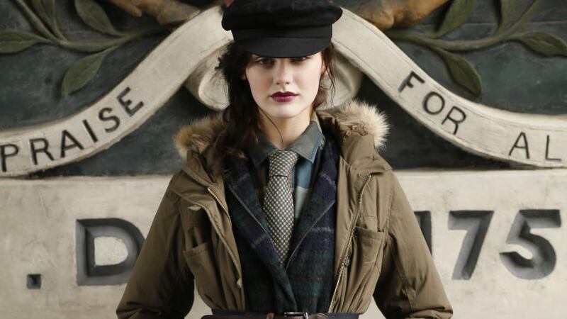 Khaki parka €140, navy and forest green wool coat €135, plaid shirt (mens) €47.50, tie (mens) €17, teal jeans €44, khaki suede boots €140, cap €20, belt (men’s)€24 at Marks & Spencers