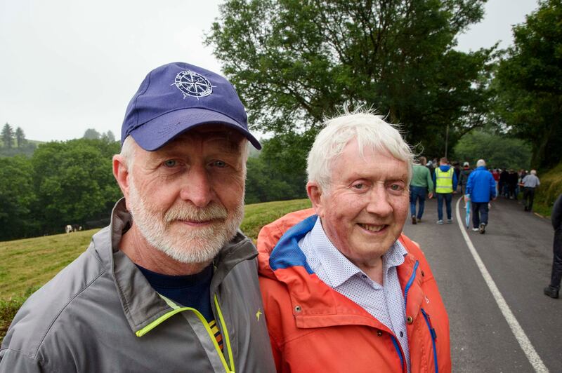 Bol Chumann secretary Séamus Ó Tuama and Ból chairman Willie Murphy at the road bowling competition in Castletownkinneigh. Photograph: Daragh Mc Sweeney/Provision