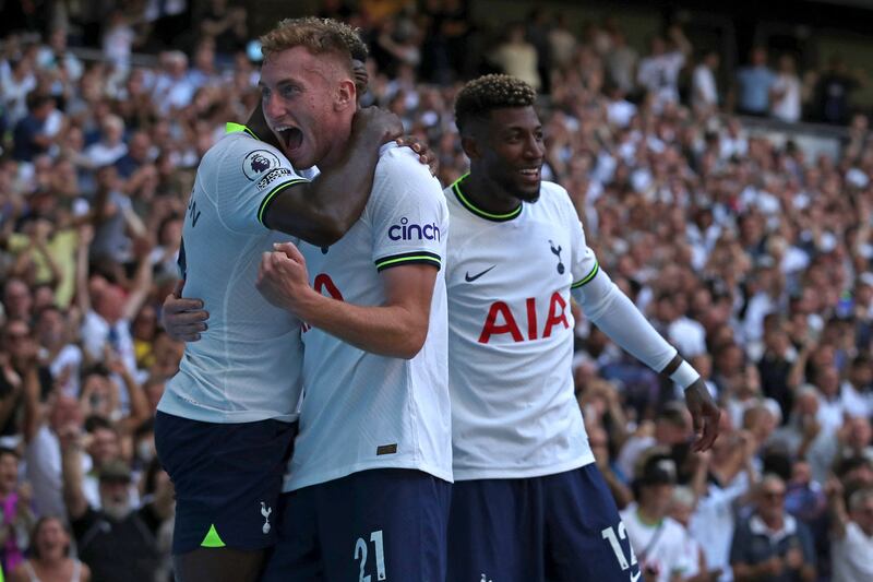 Tottenham Hotspur's Swedish midfielder Dejan Kulusevski (centre) celebrates with team-mates after scoring their fourth goal during the game against Southampton at Tottenham Hotspur Stadium last weekend. Photograph: Getty Images