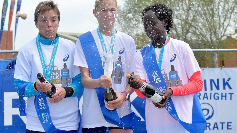 2017 Belfast City Marathon: Els Rens (second place), Laura Graham (winner) and Salome Jepkoech Kimutai (third place).