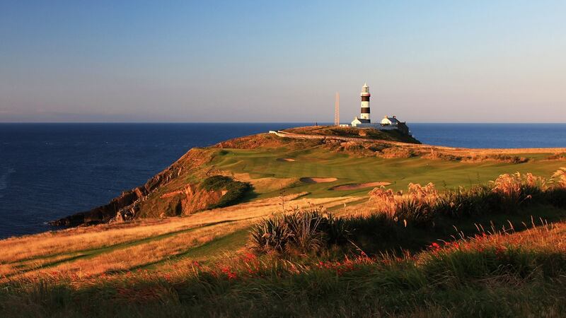 A view of the par 4, 4th hole at The Old Head Golf Links towards the Old Head of Kinsale Lighthouse. Photograph:  David Cannon/Getty Images