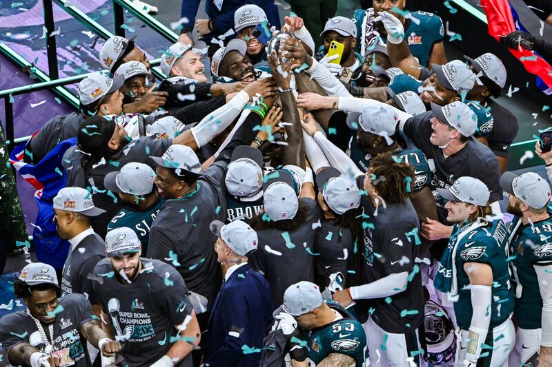 The Philadelphia Eagles celebrate with the Vince Lombardi Trophy following their Super Bowl LIX victory over the Kansas City Chiefs at the Caesars Superdome, New Orleans. Photograph: PA Wire