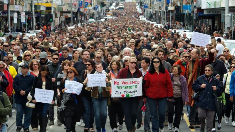 Tens of thousands of people walk along Sydney Road in Brunswick, Melbourne, in a peace march to commemorate Jill Meagher on September 30th, 2012. Photograph: Justin McManus/Fairfax Media/Getty Images).