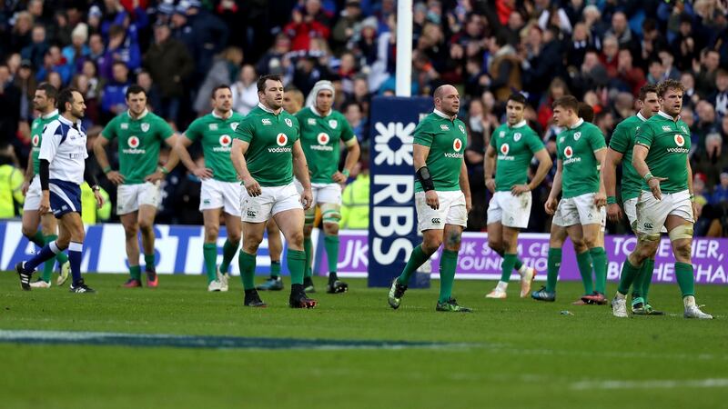 Ireland players dejected after their opening round defeat to Scotland in 2017. Photograph: Dan Sheridan/Inpho