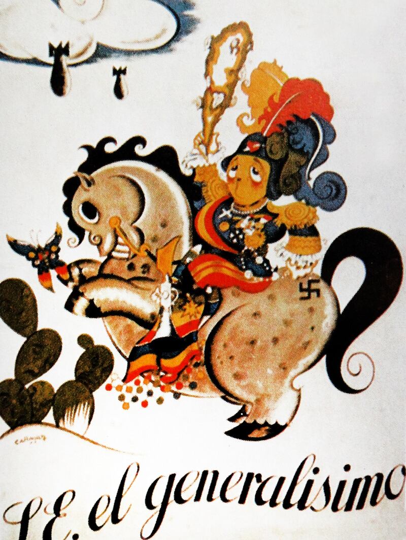 An anti-fascist poster by the artist Antonio Canavate Gomez, depicting General Francisco Franco. The figure of the rider on the horse is reminiscent of the caballo de bastos (knight of clubs) that appears on Spanish playing cards. The club that Franco clasps is symbolic of  the violent and repressive nature of Franco’s leadership. Photograph: Universal History Archive/UIG via Getty Images