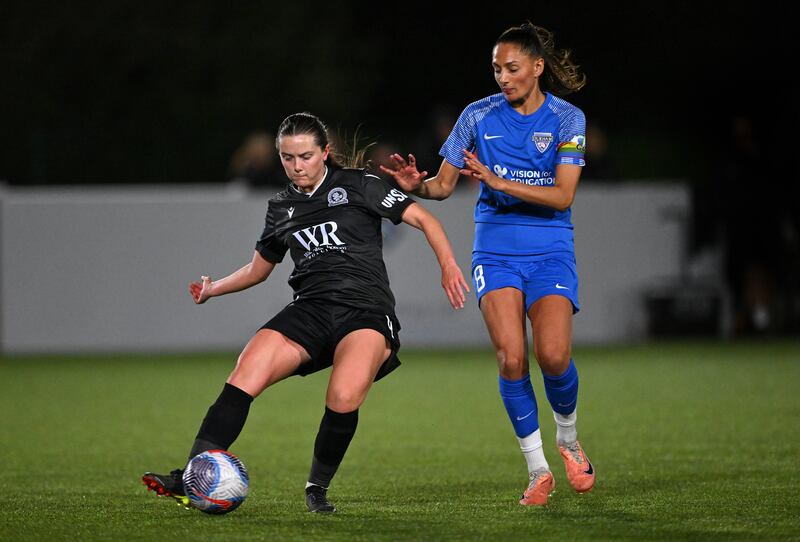 DURHAM, ENGLAND - OCTOBER 11: Blackburn player Tyler Toland is challenged by Durham player Mollie Lambert during the FA Women's Continental Tyres League Cup match between Durham and Blackburn Rovers at Maiden Castle Sports Park on October 11, 2023 in Durham, England. (Photo by Stu Forster/Getty Images)