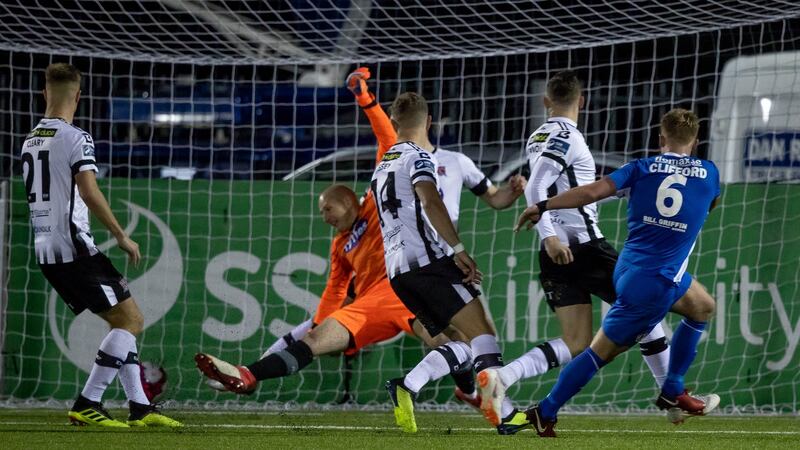 Connor Clifford give St Patrick’s Athletic the lead at Oriel Park. Photograph: Morgan Treacy/Inpho