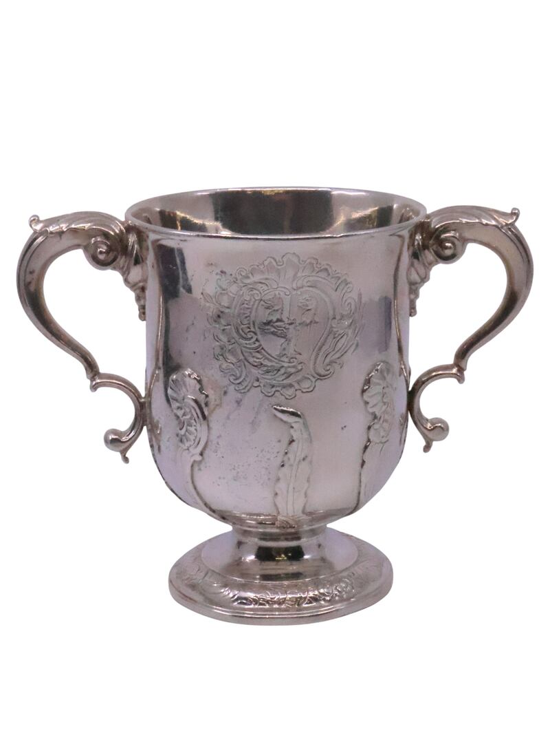 Irish silver crested two-handled cup by Robert Calderwood at John Weldon's auction