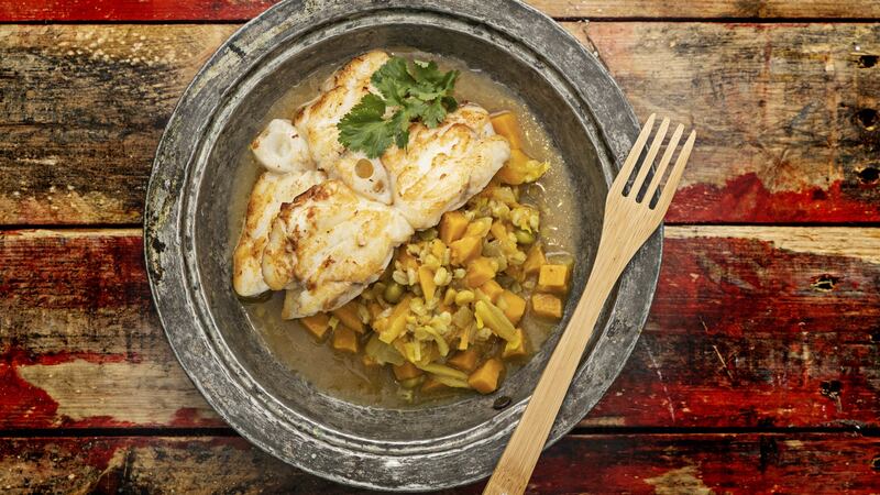 Fried monkfish with curried sweet potato broth. Photographs: Harry Weir