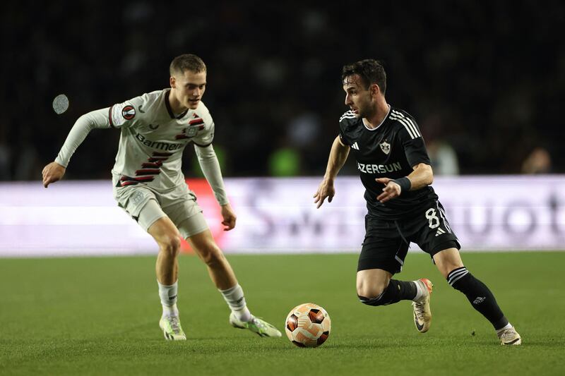 Bayer Leverkusen's Florian Wirtz, left, fights for the ball with Garabagh midfielder Marko Jankovic during a Europa League group game in November 2023. Photograph: Giorgi Arjevanidze/Getty