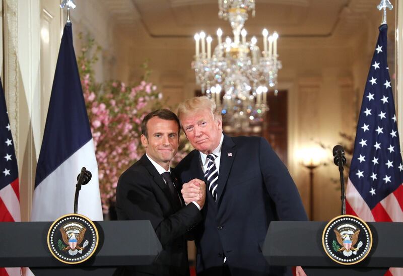 US President Donald Trump and French President Emmanuel Macron hold a joint press conference at the White House in Washington, DC./ AFP PHOTO / Ludovic MARINLUDOVIC MARIN/AFP/Getty Images